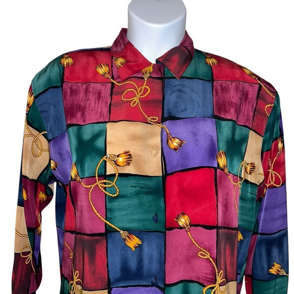 Full Button Vintage Blouse Size M Colorful Geometric Print Tassel Detail 80s 90s - Picture 8 of 9